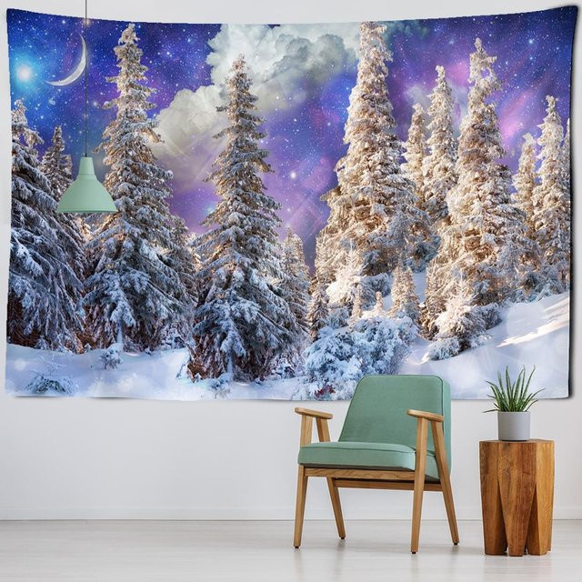 Wandteppich von Binchi Outdoor Equipment mit Schneenachtlandschaft und Kiefernbaum in Grau und Bunt, Boho-Zimmerdeko, Breite: 95 cm, Höhe: 70 cm - Bild 1