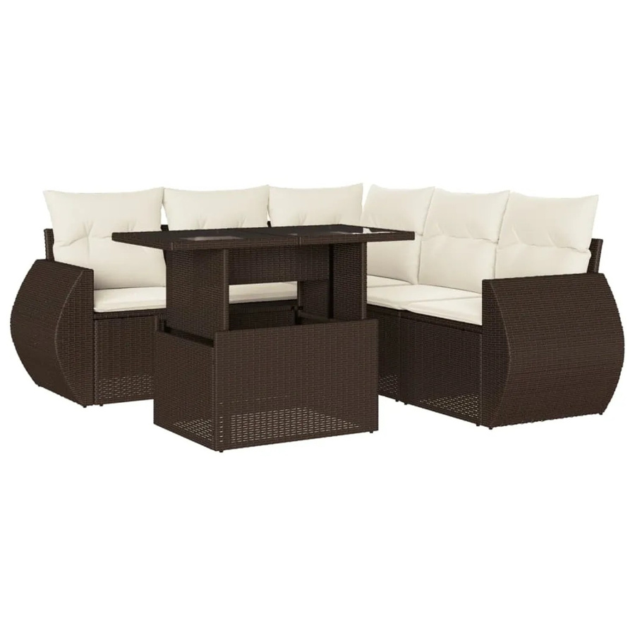 vidaXL 6-teilige Garten-Sofagarnitur in L-Form aus braunem Poly-Rattan mit cremeweißen Kissen und pulverbeschichtetem Stahlgestell - Bild 2