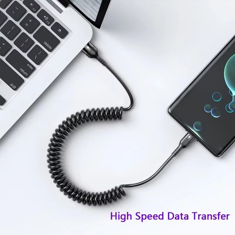 Auto USB Typ C 66W und Lightning PD Schnellladekabel als Feder-Teleskopkabel für Tablets und Smart-Geräte in Schwarz oder Weiß - Bild 4