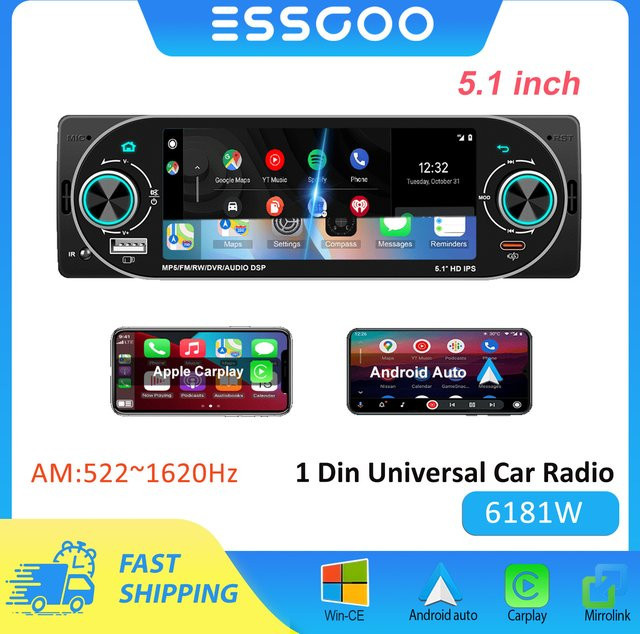 ESSGOO 1-DIN MP5 Autoradio mit 5,1 Zoll IPS-Bildschirm, kabelloses CarPlay und Android Auto, Bluetooth und Mirror Link, Schwarz - Bild 1