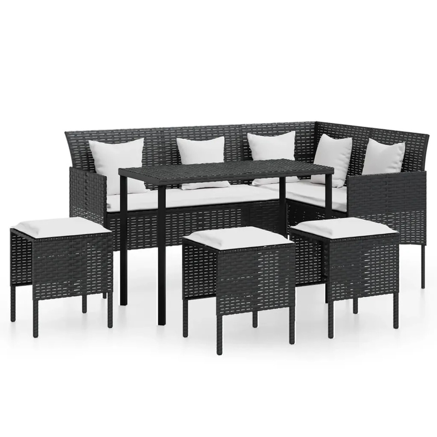 vidaXL 5-tlg Garten-Sofagarnitur in L-Form mit Kissen und Couchtisch aus Poly Rattan und Metall, Schwarz - Bild 2