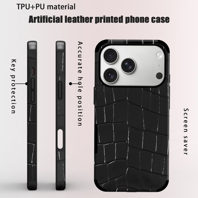 Glänzende Krokodilleder-Handyhülle aus Kunstleder für iPhone und Galaxy, Stoßfeste TPU Schutzhülle, Farbe: Schwarz - Bild 1
