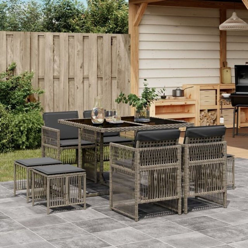 9-teiliges Gartenmöbel-Set aus Polyrattan und Glas mit Kissen in Grau von vidaxl - Bild 1