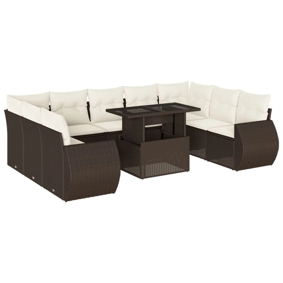 vidaXL 10-tlg. Garten-Sofagarnitur in L-Form aus braunem Poly-Rattan mit cremeweißen Kissen und pulverbeschichtetem Stahlgestell - Bild 2