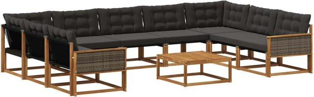 vidaXL Outdoor-Sofagarnitur in U-Form aus massivem Akazienholz mit 10 Textilene-Kissen in Schwarz und Natur - Bild 1