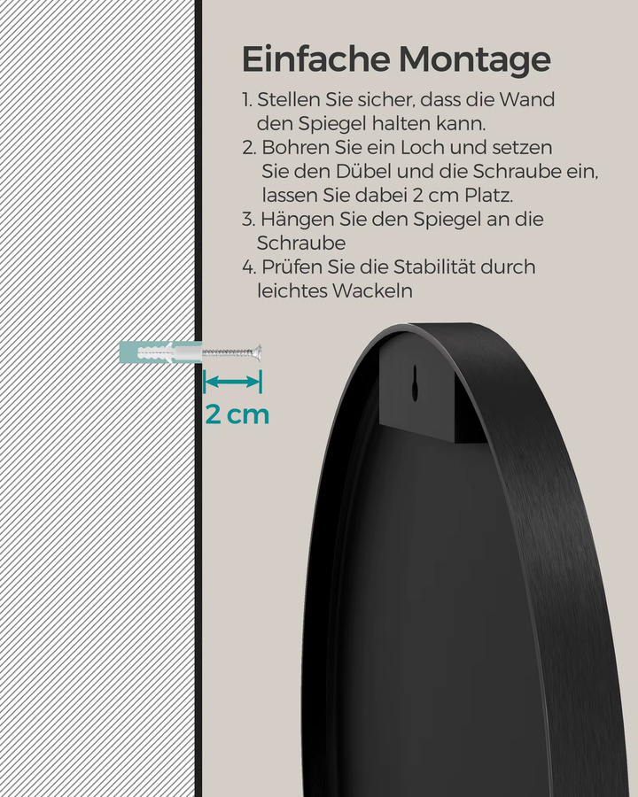 SONGMICS Wandspiegel rund in Schwarz mit Metallrahmen, Durchmesser: 40,7 cm - Bild 2