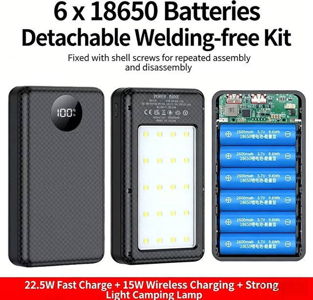 BRYNTHORX 18650 Powerbank-Akkubox mit LED-Licht und Tragedesign in Schwarz für iPhone und Xiaomi, 10W, Platz für 6 Akkus - Bild 1