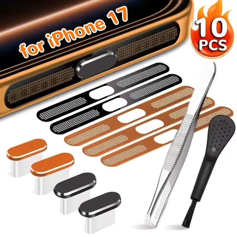 10er Set Metall Lautsprecher Mesh Abdeckung Staubschutz und Reinigungskit für iPhone 17, 17 Pro, 17 Air und 17 Pro Max in Orange inklusive Reinigungsbürste und Pinzette - Bild 4