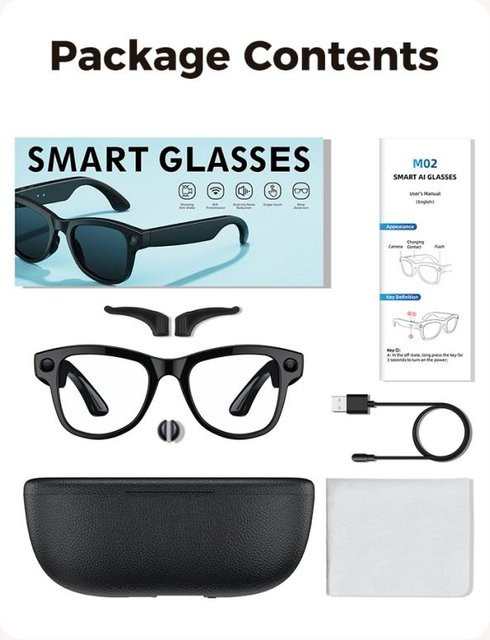 SH Tech M02 Ultra Smart Glasses in Schwarz mit 8MP Kamera, WiFi, Objekterkennung, Echtzeit-Übersetzung durch ChatGPT und KI-Sprachassistent sowie Ladecase mit Reverse Charging - Bild 1