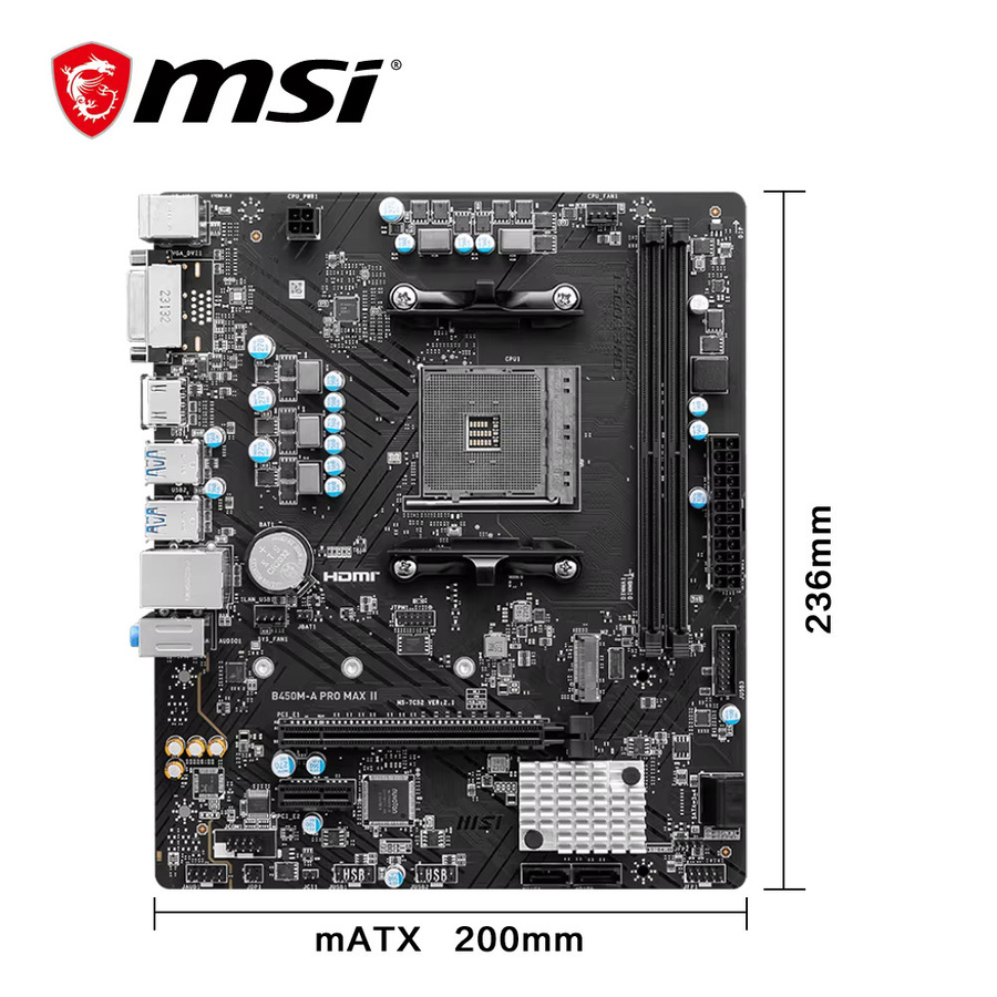 MSI AMD B450M-A PRO MAX II Motherboard AM4 Micro-ATX mit DDR4-Unterstützung, M.2, SATAIII und USB 3.2 in Schwarz - Bild 2