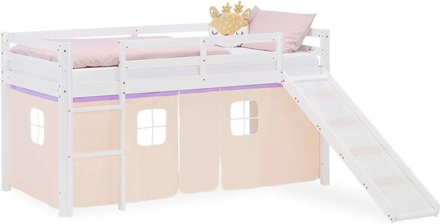Homestyle4u Kinder Hochbett mit Rutsche aus massivem Kiefernholz in Weiß, Beige oder Lila, B/T/H: 90 x 200 x 217,5 cm - Bild 1