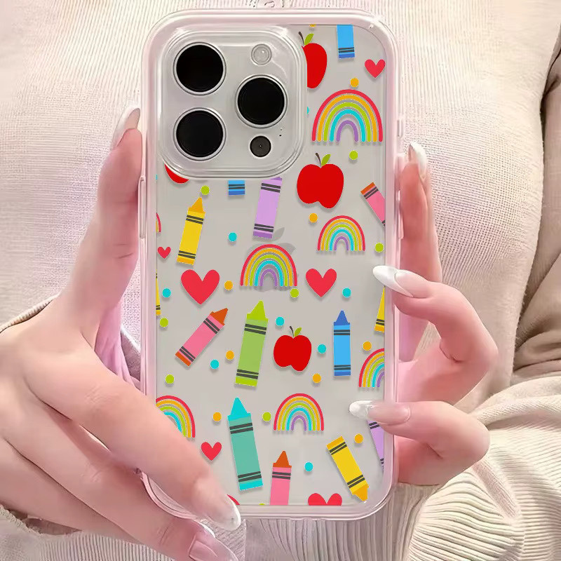 Transparente Zwei-in-Eins Handyhülle mit Regenbogen-Stiftmuster und rosa Rand für Apple iPhone 16 15 14 13 12 11 Pro Max Plus Serie, Multicolour - Bild 3