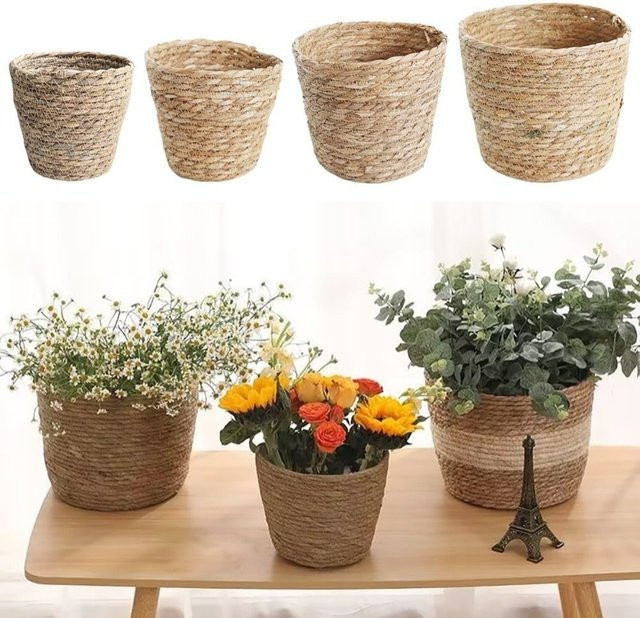 Gras gewebter Blumentopf als Pflanzkorb für Garten und Terrasse, Beige - Bild 1