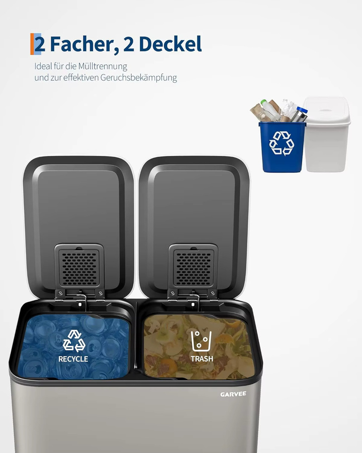 Mülleimer Küche mit 2 Fächern und Softclose-Deckel, Mülltrennsystem aus Edelstahl in Silber/Grau, 2 x 15 Liter, Tretmülleimer mit herausnehmbaren Inneneimern - Bild 4