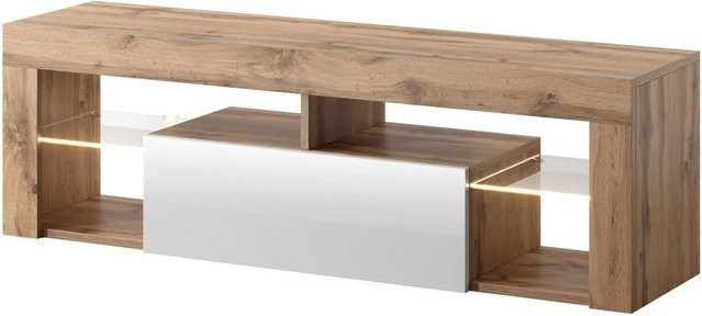 TV-Lowboard Bianko Lancelot von Selsey in Eiche und Weiß Hochglanz mit Beleuchtung, Breite: 140 cm, Höhe: 50,5 cm, Tiefe: 35 cm - Bild 1