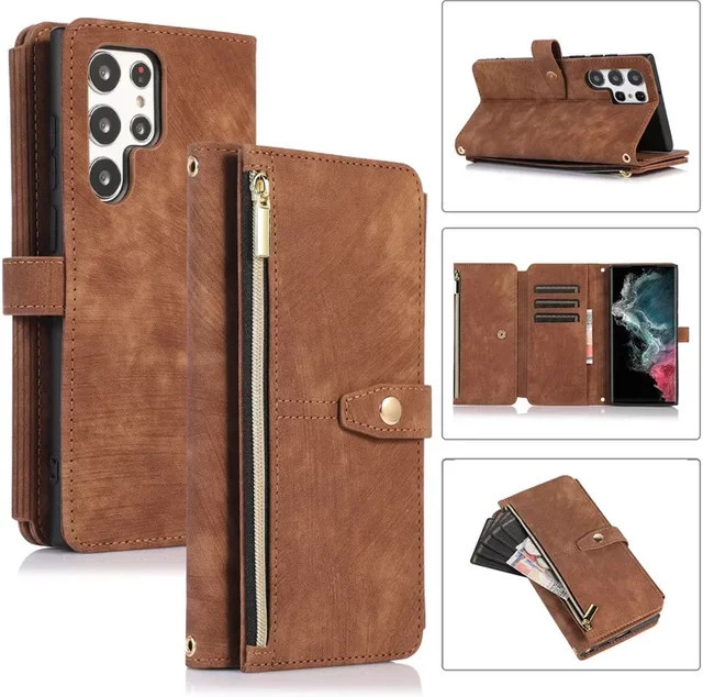 Leder-Brieftasche mit Reißverschluss und Flip-Abdeckung für Samsung Galaxy S25 S24 S23 S22 S21 S20 Ultra Plus 5G FE in Pink und Braun - Bild 1