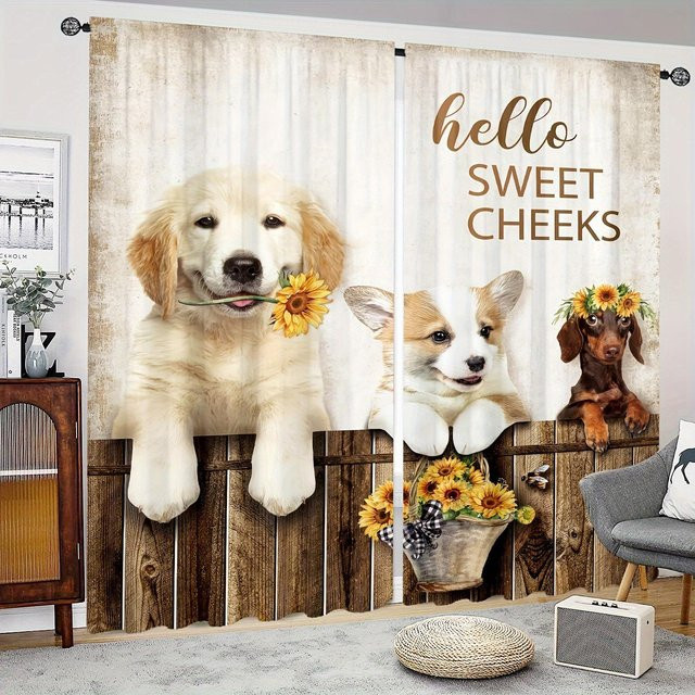 2-Panel Bauernhaus Vorhang mit Hund Katze und Hahn Henne Muster aus Polyester, halbtransparent, Mehrfarbig, B/H: 200 x 230 cm - Bild 1