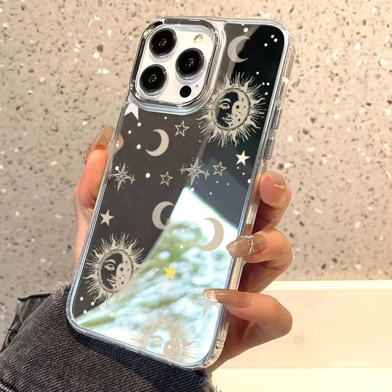 Stoßfeste Handyhülle mit Sonne Mond Stern Design für iPhone 16 17 15 14 13 12 11 Pro Max Plus in Transparent - Bild 2