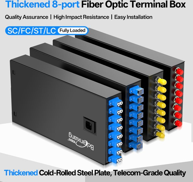 BYXGD 8-Port Glasfaser-Anschlussbox in Schwarz für FTTH-Netzwerkverkabelung mit SC FC ST LC Anschlüssen - Bild 1