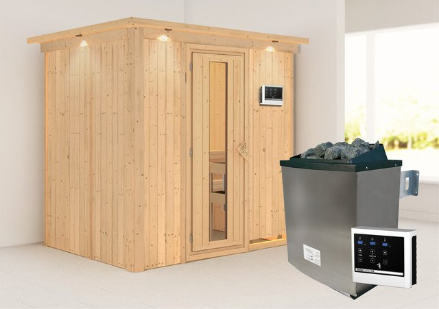Karibu Sauna-Set Bjarne aus Fichte und Espe mit 9 kW Ofen, externer Steuerung und Dachkranz, B/T/H: 196 x 165 x 202 cm - Bild 1