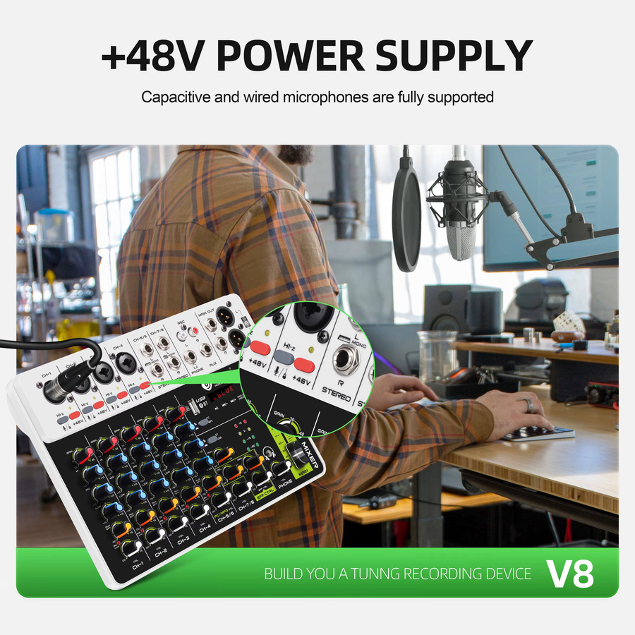 Debra V8 Audio-Mischpult in Weiß mit Bluetooth 5.0 und Phantomspeisung für PC-Aufnahmen und Bühneneinsatz - Bild 5