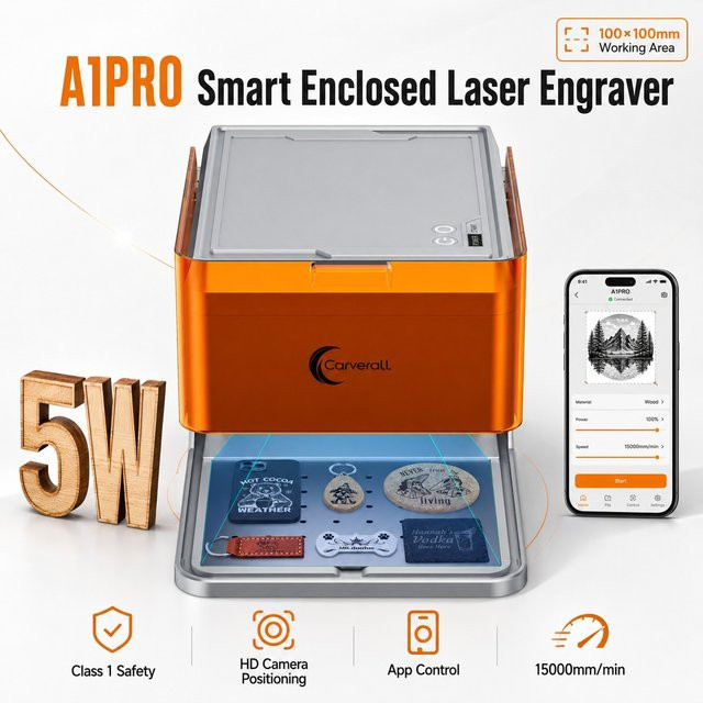 Carverall A1PRO 5W Class 1 geschlossener Desktop-Lasergravierer mit HD-Kamera und CutLabX App-Steuerung, tragbare Maschine für Holz und Leder, Arbeitsbereich: 100 x 100 mm - Bild 1