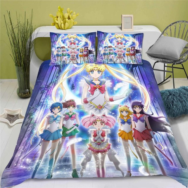 3D Sailor Moon Anime Bettwäscheset aus Polyester, 3-teiliges Set mit Bettbezug und Kissenbezügen, Mehrfarbig, Bettbezug Breite: 140 cm, Höhe: 210 cm - Bild 1