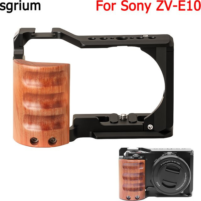 sgrium Kamera-Käfig für Sony ZV-E10 mit Holzgriff und Erweiterungshalterung für LED und Mikrofon in Schwarz - Bild 1