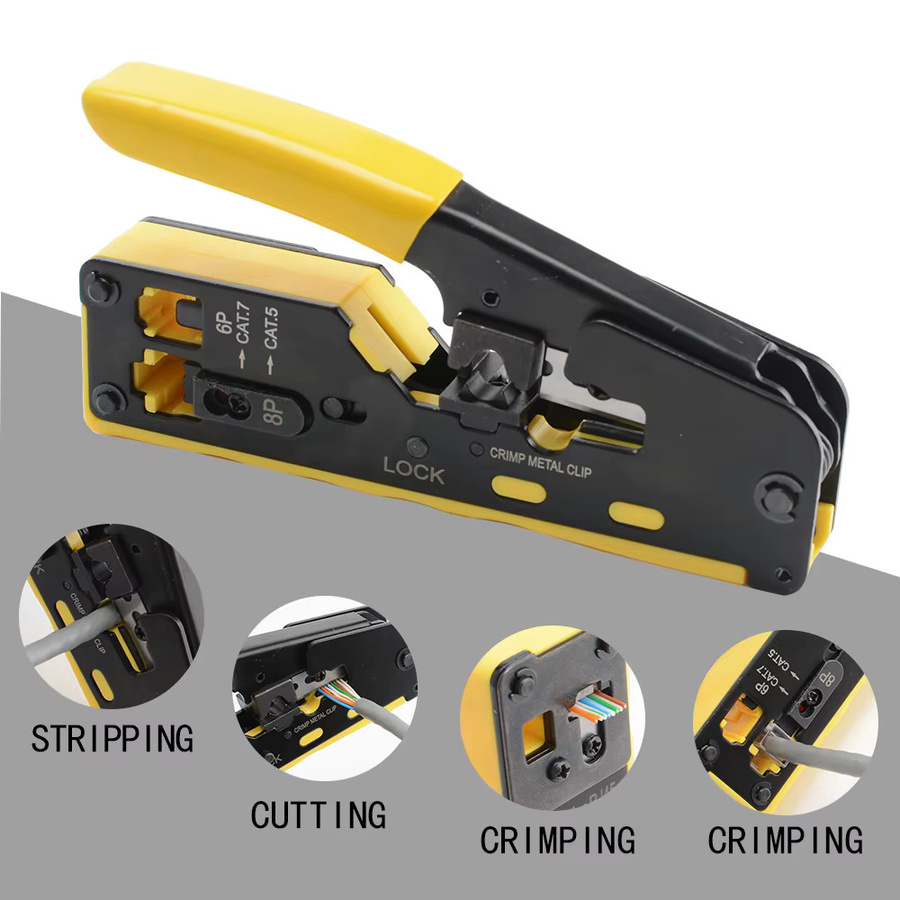 Gelbes RJ45-Crimpwerkzeug-Set mit Ratsche für Cat6 und Cat5 Ethernet-Datenkabel - Bild 2