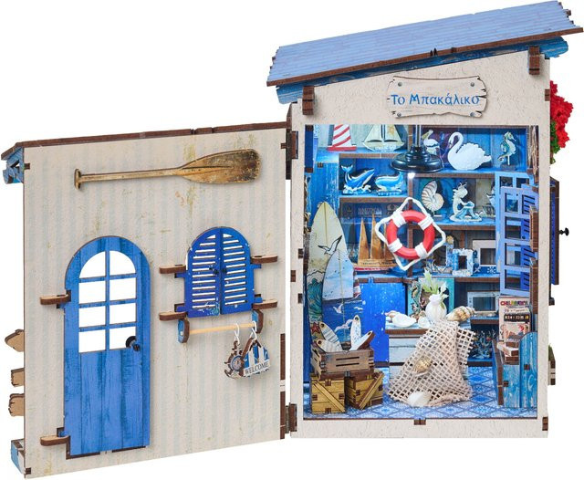 Tinamic DIY Buchnischen-Modellbausatz, Strand-Eck-Buchstütze, 3D-Puzzle, mit LED-Beleuchtung, Holz - Bild 1