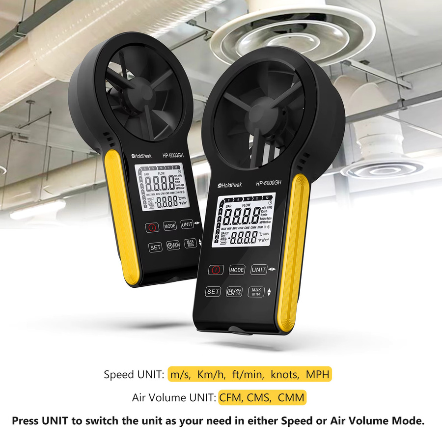 HoldPeak Digitales Anemometer mit Temperatur- und Luftstrommessung, IP67 wasserdicht, mit Hintergrundbeleuchtung und Typ-C-Aufladung - Bild 4