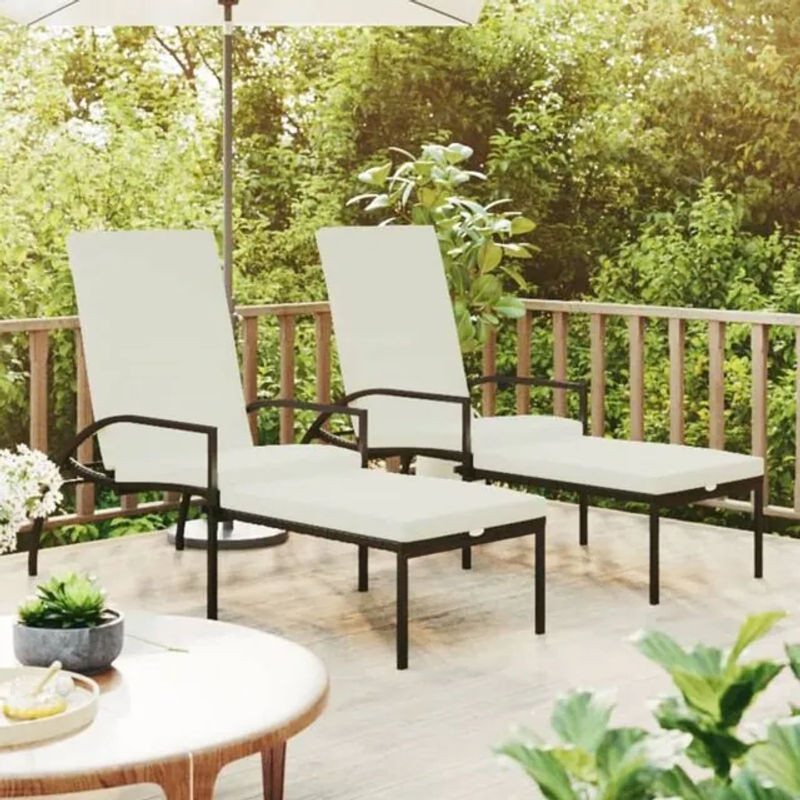 vidaxl Set aus 2 Sonnenliegen mit Fußhockern aus PE-Rattan in Schwarz - Bild 1