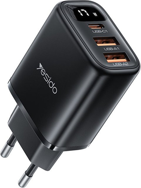 Yesido YC67 Netzladegerät mit Display, 17W, 2.4A, 1 x USB-C und 2 x USB-A, Schwarz - Bild 1
