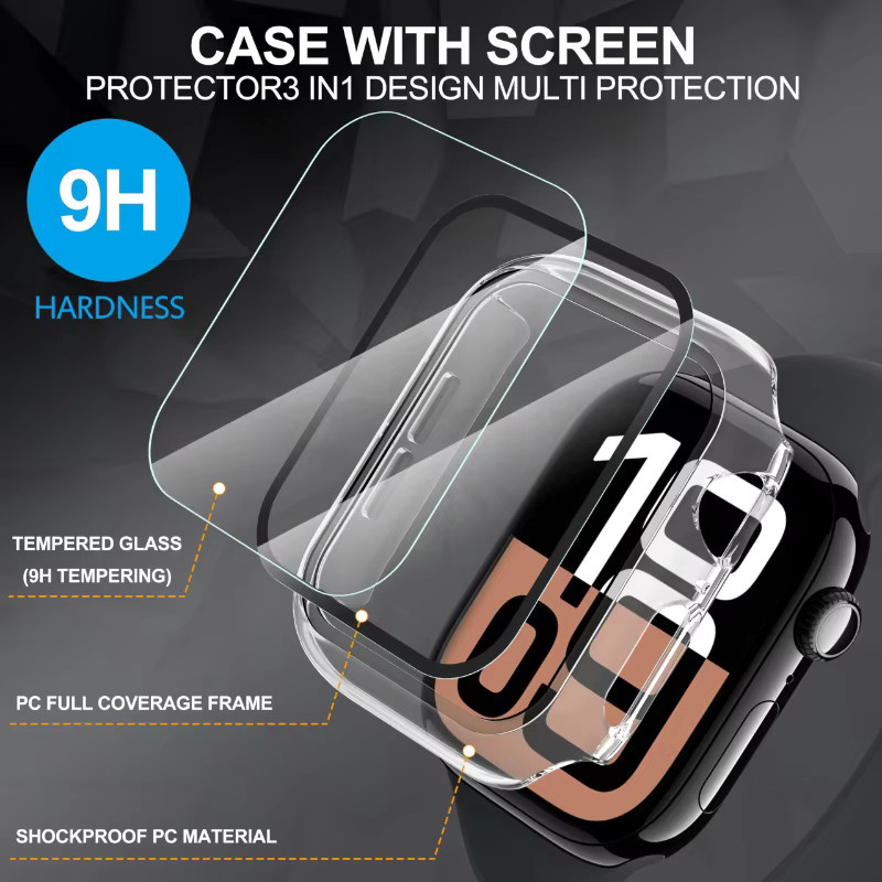 PEO Displayschutz für Apple Watch, 2er-Pack, Gehärtetes Glas + Hülle, Schwarz - Bild 5