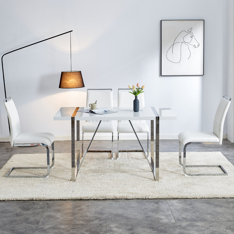 Set aus 2 modernen Esszimmerstühlen von FC in Weiß mit hoher Rückenlehne aus PU und Leinen sowie ergonomischem Design - Bild 2
