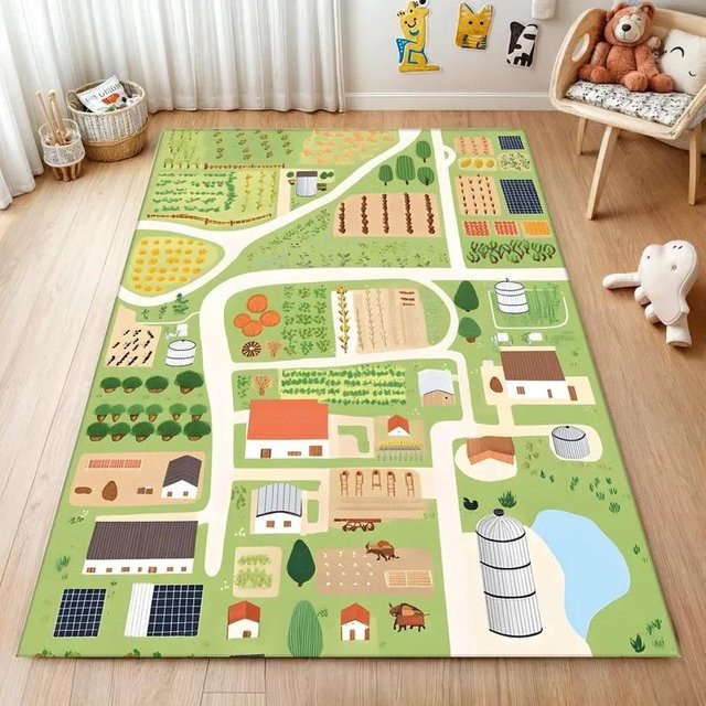 Waschbarer Teppich Lodestar im Vintage Bauernhof-Design mit Pferden und Enten, Grün und Terrakotta, B/B: 80 x 120 cm - Bild 1