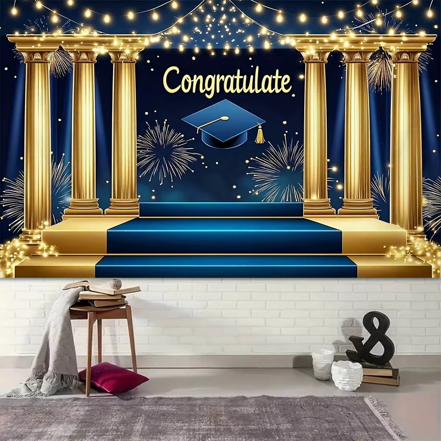 OURFETE Abschlussfeier-Hintergrund in Blau-Gold mit Congratulations-Aufdruck und Dekorationselementen für dein Fotoshooting - Bild 6