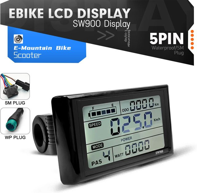 Kunteng SW900 E-Bike LCD-Display Messgerät in Schwarz mit SM/Wasserdichtem Stecker für 24V 36V 48V 52V 60V 72V E-Bike-Umbausätze - Bild 1