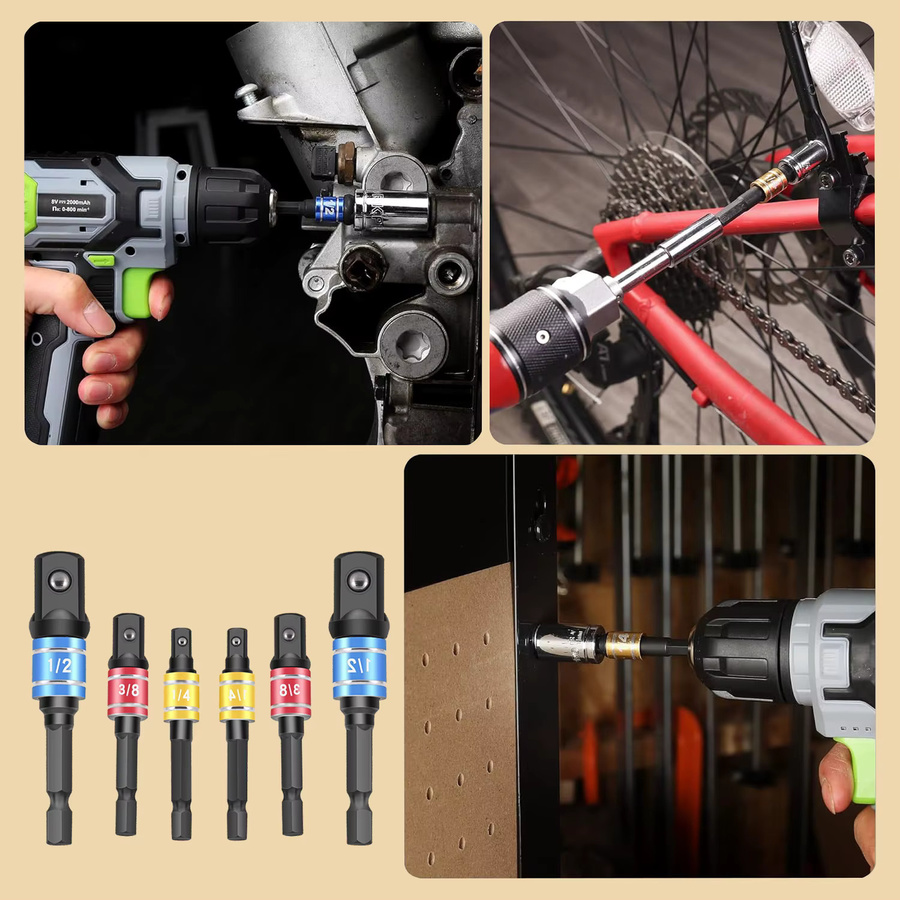 Steckschlüsseladapter Set mit 1/4 Zoll Sechskantschaft auf 1/4 Zoll, 3/8 Zoll und 1/2 Zoll Vierkantantrieb in Schwarz - Bild 4
