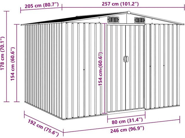 vidaXL Gartenschuppen aus Metall in Grau, B/T/H: 257 x 205 x 178 cm - Bild 2