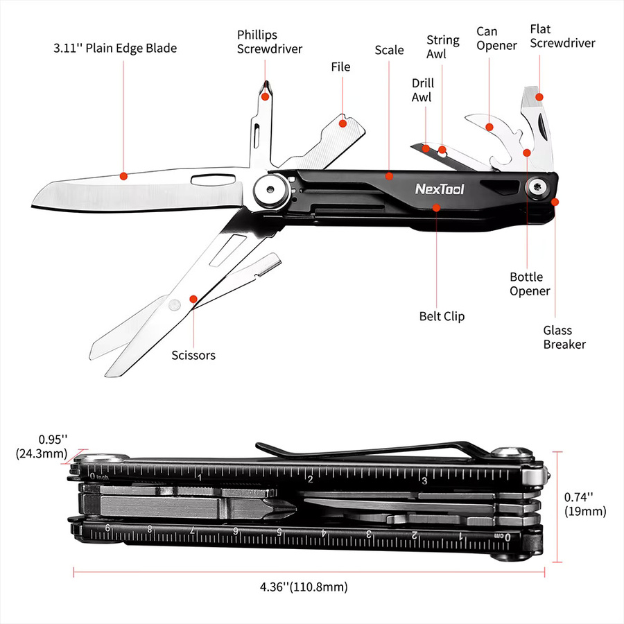NexTool 12-in-1 Multitool-Messer in Schwarz, tragbares EDC-Klappschere für Camping und Überleben - Bild 3