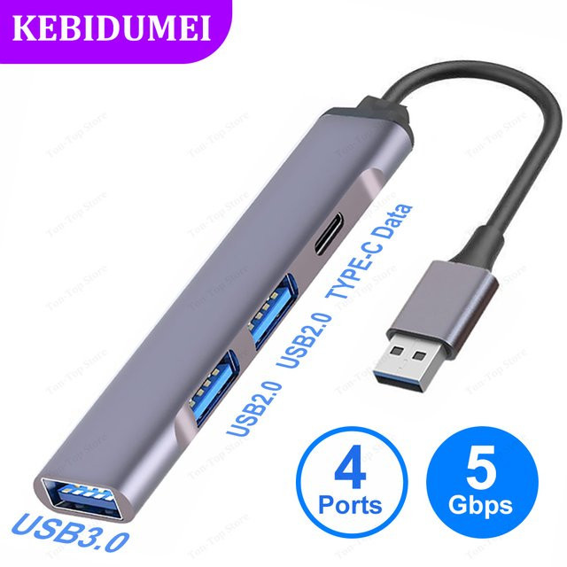 Kebidumei USB-C Dockingstation mit 4 Ports, USB 3.0 Hub mit 5 Gbit/s Hochgeschwindigkeitsübertragung, OTG Adapter für Laptop und MacBook, Weiß/Grau - Bild 1