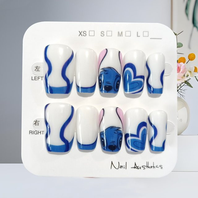 Potdemiel Kunstnägel Damen, Blau-Weiß, Herz-Print, Glänzend, 10 Stück - Bild 1