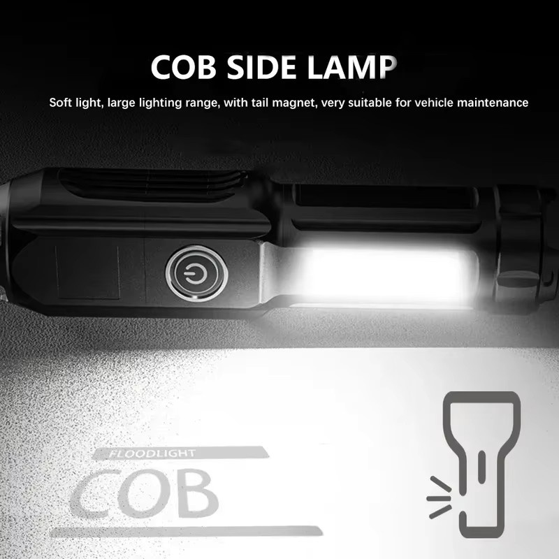 KDULIT Hochleistungs-LED-Taschenlampe in Schwarz mit Zoom-Funktion, COB-Seitenlicht und wiederaufladbarem Akku für Outdoor, Camping und Angeln - Bild 3