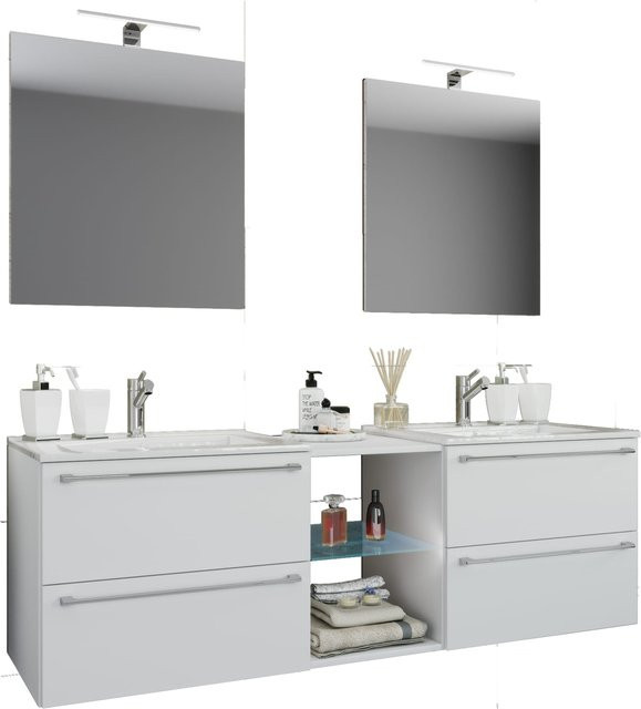 VCM Badmöbel Set Badinos XXL Doppel Waschplatz in Weiß, 3-tlg. mit 2 Keramik Waschbecken, 2 Spiegeln und Unterschrank mit Mittelfach, Breite: 195 cm - Bild 1