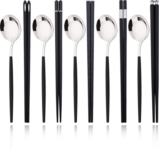 PINKTEN Reise-Besteckset aus Edelstahl in Schwarz und Silber, 10-teiliges Set mit Löffel und Stäbchen im koreanischen Design - Bild 1