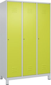 C+P Spind Classic PLUS Garderobenschrank mit 3 Abteilen, Zylinderschloss, 4 Garderobenhaken und mittiger Trennwand, Lichtgrau/Clowngrün, H x B x T: 195 x 120 x 50 cm - Bild 1