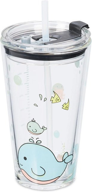 Relaxdays Kinder Trinkglas aus Glas mit Deckel und Strohhalm in Transparent Türkis und Rosa, B/T/H: 15,5 x 9 x 9,5 cm - Bild 1
