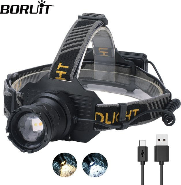BORUiT Dual-LED-Zoom-Stirnlampe mit Bewegungsmelder, weißes und gelbes Licht, wiederaufladbar mit Powerbank-Funktion - Bild 1