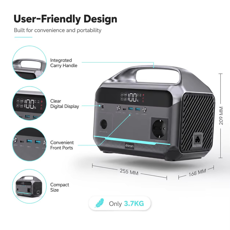 Tragbare Powerstation Daran NEO300L in Schwarz mit 288Wh Kapazität, 350W Leistung und 600W Spitzenleistung, inklusive 230V Ausgang und PD Schnellladung via USB-C für Camping und Notfälle - Bild 6